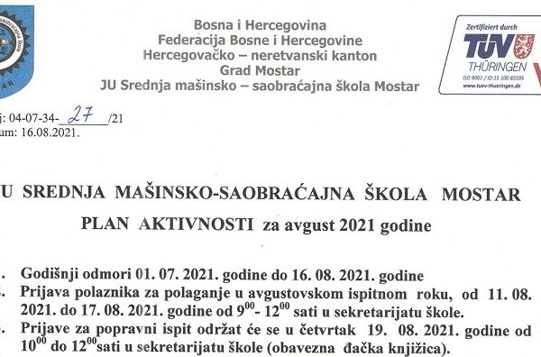 plan aktivnosti avgust 2021