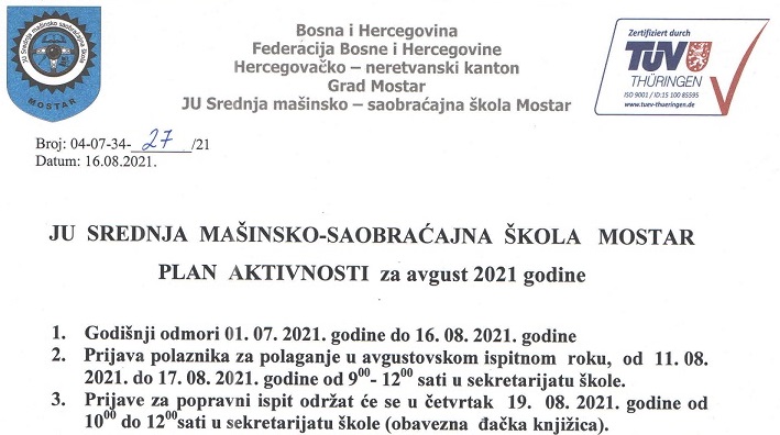 plan aktivnosti avgust 2021